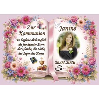 Tortenaufleger Kommunion Buchform Blumen Floral Aquarell Pastell Vintage K37