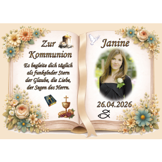 Tortenaufleger Kommunion Buchform Blumen Floral Aquarell Pastell Vintage K38