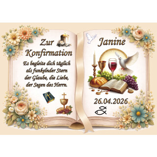 Tortenaufleger Konfirmation Buchform Blumen Floral Aquarell Pastell Vintage K38 DIN A4 mit Motiv ca. 28 cm breit x 20 cm hoch