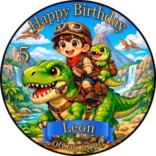 Essbarer Tortenaufleger Dinosaurier personalisiert – Tortenbild mit Name, Alter, Datum & eigenem Foto – runder Kuchenaufleger Kindergeburtstag & Dino-Party – Größe wählbar, vorgestanzt – DINO07