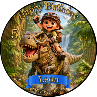 Essbarer Tortenaufleger Dinosaurier personalisiert – Tortenbild mit Name, Alter, Datum & eigenem Foto – runder Kuchenaufleger Kindergeburtstag & Dino-Party – Größe wählbar, vorgestanzt – DINO08