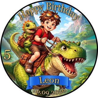 Essbarer Tortenaufleger Dinosaurier personalisiert – Tortenbild mit Name, Alter, Datum & eigenem Foto – runder Kuchenaufleger Kindergeburtstag & Dino-Party – Größe wählbar, vorgestanzt – DINO09