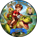 Essbarer Tortenaufleger Dinosaurier personalisiert – Tortenbild mit Name, Alter, Datum & eigenem Foto – runder Kuchenaufleger Kindergeburtstag & Dino-Party – Größe wählbar, vorgestanzt – DINO09