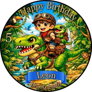 Essbarer Tortenaufleger Dinosaurier personalisiert – Tortenbild mit Name, Alter, Datum & eigenem Foto – runder Kuchenaufleger Kindergeburtstag & Dino-Party – Größe wählbar, vorgestanzt – DINO10
