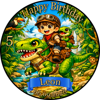 Essbarer Tortenaufleger Dinosaurier personalisiert – Tortenbild mit Name, Alter, Datum & eigenem Foto – runder Kuchenaufleger Kindergeburtstag & Dino-Party – Größe wählbar, vorgestanzt – DINO10