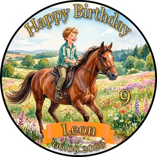 Essbarer Tortenaufleger Pferd personalisiert – Tortenbild mit Name, Alter, Datum & eigenem Foto – runder Kuchenaufleger Kindergeburtstag & Pferde-Party – Größe wählbar, vorgestanzt – PF05