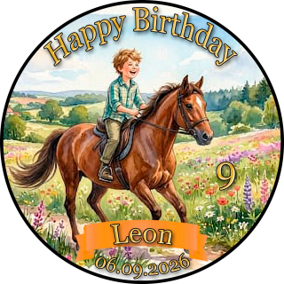 Essbarer Tortenaufleger Pferd personalisiert – Tortenbild mit Name, Alter, Datum & eigenem Foto – runder Kuchenaufleger Kindergeburtstag & Pferde-Party – Größe wählbar, vorgestanzt – PF05