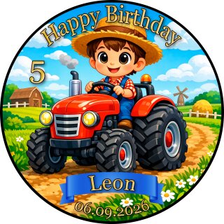 Tortenaufleger Geburtstag Traktor Bauernhof Junge Name Foto Alter Trecker FZ25 (Zuckerpapier)