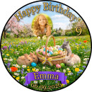 Essbarer Tortenaufleger Ostern & Geburtstag personalisiert – Tortenbild mit Name, Alter, Datum & eigenem Foto – runder Kuchenaufleger Osterhasen & Frühlingswiese – Größe wählbar, vorgestanzt – HA01