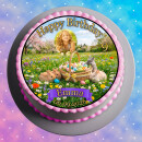Essbarer Tortenaufleger Ostern & Geburtstag personalisiert – Tortenbild mit Name, Alter, Datum & eigenem Foto – runder Kuchenaufleger Osterhasen & Frühlingswiese – Größe wählbar, vorgestanzt – HA01