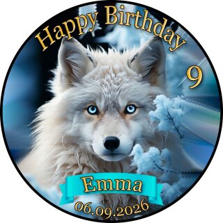 Essbarer Tortenaufleger Polarfuchs personalisiert – Tortenbild mit Name, Alter, Datum & eigenem Foto – runder Kuchenaufleger Kindergeburtstag & Winter-Motto – Größe wählbar, vorgestanzt – PO01