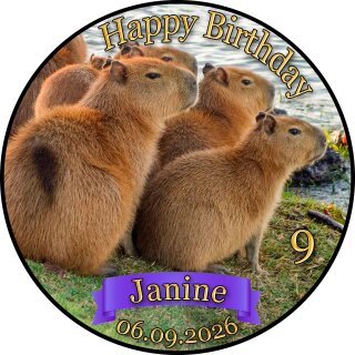 Essbarer Tortenaufleger | Capybara | Zuckerpapier | Personalisiert mit Name, Alter, Datum & Foto | Runder Kuchenaufleger | Kindergeburtstag | Jungen & Mädchen | Größe wählbar