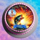 Essbarer Tortenaufleger | Fisch | Angeln Hecht Flammen | Zuckerpapier | Personalisiert mit Name, Alter, Datum & Foto | Runder Kuchenaufleger | Geburtstag | Erwachsene | Größe wählbar