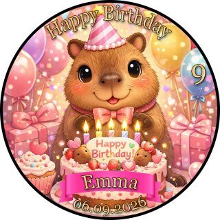 Tortenaufleger Capybara | Runder Kuchenaufleger essbar | Personalisiert Name Alter Datum Foto | Geburtstag | Wasserschwein Geburtstagskuchen Luftballons | Zuckerpapier | Kinder Mädchen | Größe wählbar