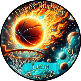 Essbarer Tortenaufleger | Basketball | Weltraum Feuer Flammen | Zuckerpapier | Personalisiert mit Name, Alter, Datum & Foto | Runder Kuchenaufleger | Geburtstag | Jungen | Größe wählbar