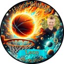 Essbarer Tortenaufleger | Basketball | Weltraum Feuer Flammen | Zuckerpapier | Personalisiert mit Name, Alter, Datum & Foto | Runder Kuchenaufleger | Geburtstag | Jungen | Größe wählbar