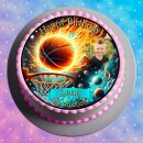 Essbarer Tortenaufleger | Basketball | Weltraum Feuer Flammen | Zuckerpapier | Personalisiert mit Name, Alter, Datum & Foto | Runder Kuchenaufleger | Geburtstag | Jungen | Größe wählbar