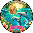 Essbarer Tortenaufleger | Delfin | Meer Ozean Unterwasser | Zuckerpapier | Personalisiert mit Name, Alter, Datum & Foto | Runder Kuchenaufleger | Geburtstag | Mädchen | Größe wählbar