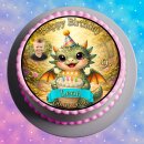 Essbarer Tortenaufleger | Drache | Fantasy Dinosaurier Märchen | Zuckerpapier | Personalisiert mit Name, Alter, Datum & Foto | Runder Kuchenaufleger | Geburtstag | Kinder | Größe wählbar