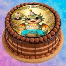Essbarer Tortenaufleger | Drache | Fantasy Dinosaurier Märchen | Zuckerpapier | Personalisiert mit Name, Alter, Datum & Foto | Runder Kuchenaufleger | Geburtstag | Kinder | Größe wählbar