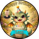 Tortenaufleger Drache | Runder Kuchenaufleger essbar | Personalisiert Name Alter Datum Foto | Geburtstag | Fantasy Dinosaurier Märchen | Zuckerpapier | Kinder | Größe wählbar