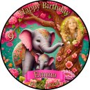 Essbarer Tortenaufleger | Elefant | Safari Dschungel Blumen | Zuckerpapier | Personalisiert mit Name, Alter, Datum & Foto | Runder Kuchenaufleger | Geburtstag | Mädchen | Größe wählbar