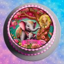 Essbarer Tortenaufleger | Elefant | Safari Dschungel Blumen | Zuckerpapier | Personalisiert mit Name, Alter, Datum & Foto | Runder Kuchenaufleger | Geburtstag | Mädchen | Größe wählbar
