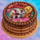 Essbarer Tortenaufleger | Elefant | Safari Dschungel Blumen | Zuckerpapier | Personalisiert mit Name, Alter, Datum & Foto | Runder Kuchenaufleger | Geburtstag | Mädchen | Größe wählbar