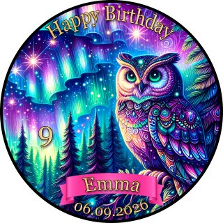 Essbarer Tortenaufleger | Eule | Nordlichter Wald Nacht | Zuckerpapier | Personalisiert mit Name, Alter, Datum & Foto | Runder Kuchenaufleger | Geburtstag | Kinder | Größe wählbar