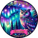 Essbarer Tortenaufleger | Eule | Nordlichter Wald Nacht | Zuckerpapier | Personalisiert mit Name, Alter, Datum & Foto | Runder Kuchenaufleger | Geburtstag | Kinder | Größe wählbar