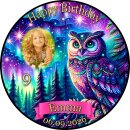 Essbarer Tortenaufleger | Eule | Nordlichter Wald Nacht | Zuckerpapier | Personalisiert mit Name, Alter, Datum & Foto | Runder Kuchenaufleger | Geburtstag | Kinder | Größe wählbar
