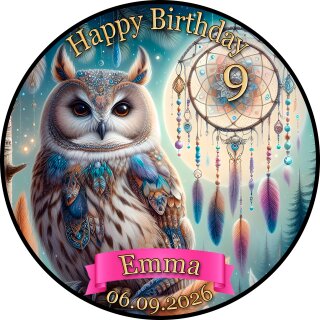 Tortenaufleger Eule | Runder Kuchenaufleger essbar | Personalisiert Name Alter Datum Foto | Geburtstag | Traumfaenger Boho Federn | Zuckerpapier | Mädchen | Größe wählbar