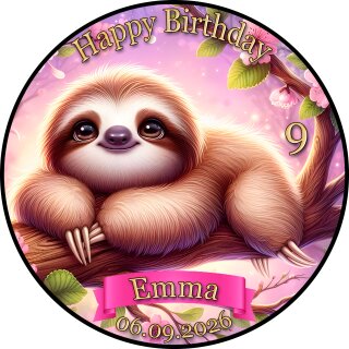 Essbarer Tortenaufleger Faultier Dschungel Blumen Rosa Geburtstag Foto personalisiert