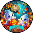 Tortenaufleger Geister | Runder Kuchenaufleger essbar | Personalisiert Name Alter Datum Foto | Geburtstag | Halloween Kürbis Herbstwald | Zuckerpapier | Kinder | Größe wählbar