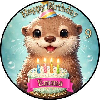Tortenaufleger Otter | Runder Kuchenaufleger essbar | Personalisiert Name Alter Datum Foto | Geburtstag | Kinder Torte Party | Zuckerpapier | Kinder | Größe wählbar