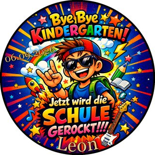 Tortenaufleger Schulbeginn | Runder Kuchenaufleger essbar | Personalisiert Name Datum Foto | Schulbeginn | Kindergarten Einschulung Rockstar | Zuckerpapier | Kinder | Größe wählbar
