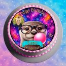 Tortenaufleger Otter | Runder Kuchenaufleger essbar | Personalisiert Name Alter Datum Foto | Geburtstag | Brille Kaugummiblase Sterne | Zuckerpapier | Kinder | Größe wählbar